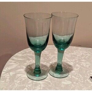 Set of 2 Recycled Green Glass Goblets w/ Suspended Controlled Air Bubble 8.5"H
